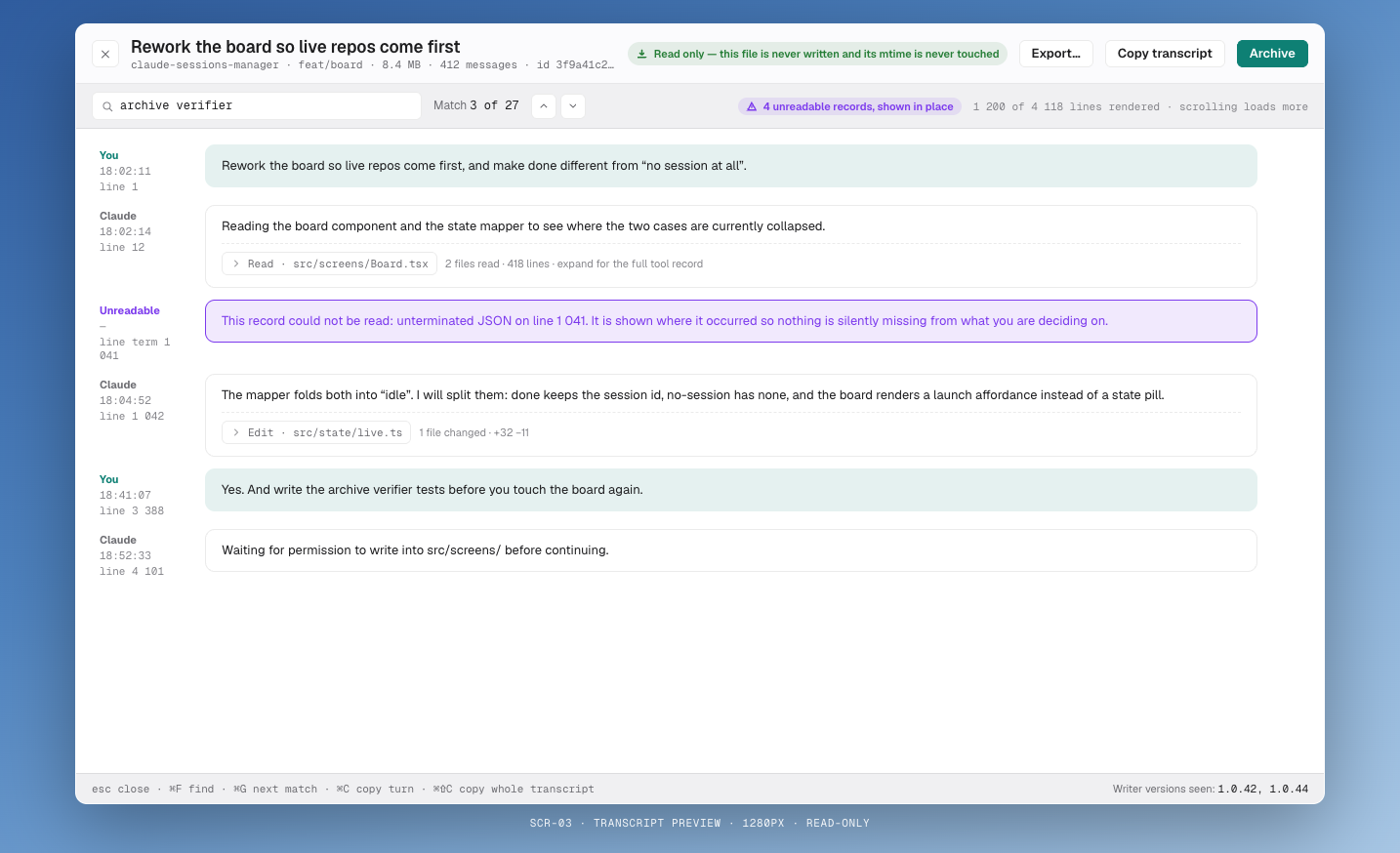 Read-only transcript preview, opened before resuming a session.